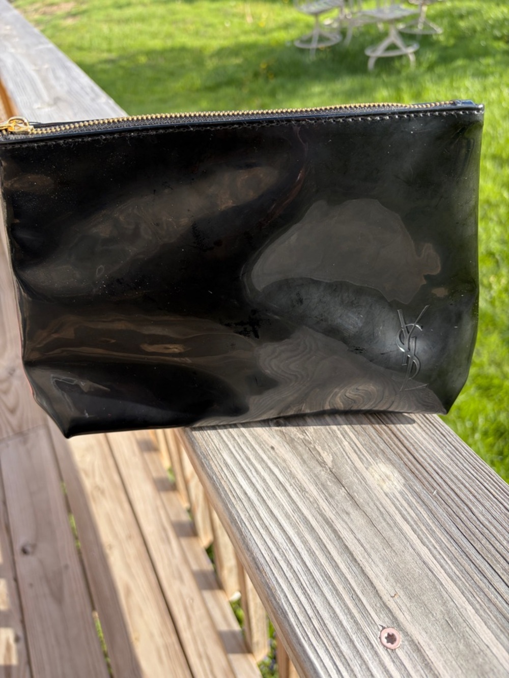 Yves Saint Laurent Glossy Black Patent Zip Pouch with Gold Hardware